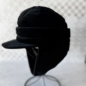 Burberrys Black Velvet Winter Hat cap with Flaps and Plaid Lining Ladies VINTAGE